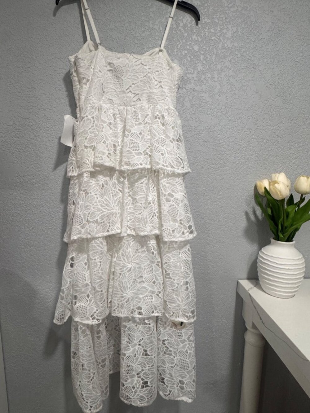 Siena Womens White Tiered Floral Lace Maxi Dress Spaghetti Straps Size 2 Elegant - Picture 4 of 5